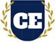 A blue and white shield with the letters ce in it.